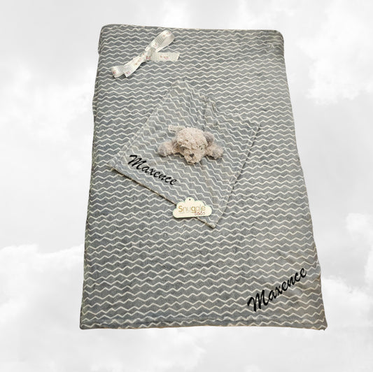 Pack Bébé A Personnaliser | Couverture Eté Grise 75cm x 90cm + Doudou Panda 35cm
