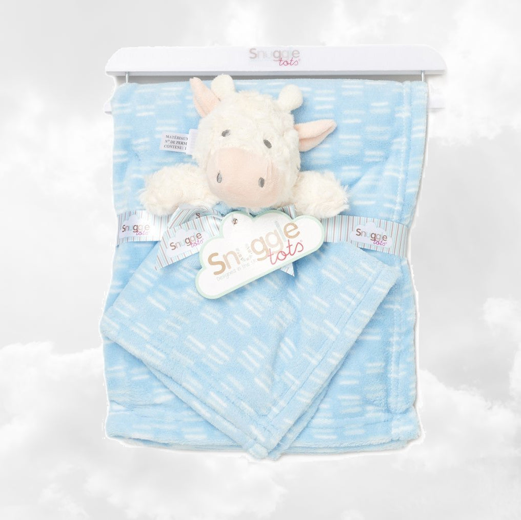 Pack Bébé A Personnaliser | Couverture Eté Bleue 75cm x 90cm + Doudou Vache 35cm