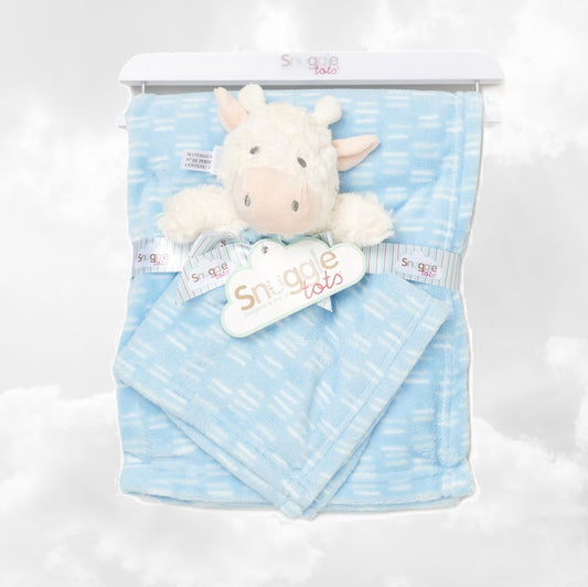 Pack Bébé A Personnaliser | Couverture Eté Bleue 75cm x 90cm + Doudou Vache 35cm