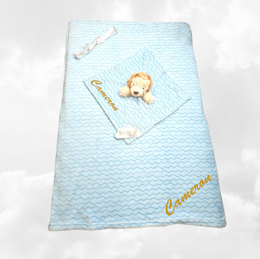 Pack Bébé A Personnaliser | Couverture Eté Bleue 75cm x 90cm + Doudou Lion 35cm