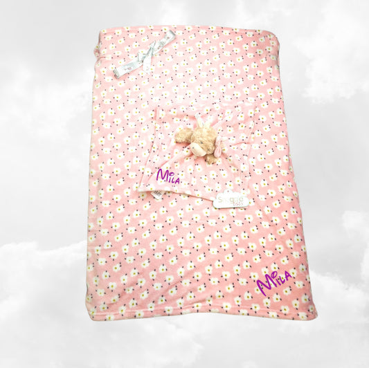 Pack Bébé A Personnaliser | Couverture Eté Rose 75cm x 90cm + Doudou Vache 35cm