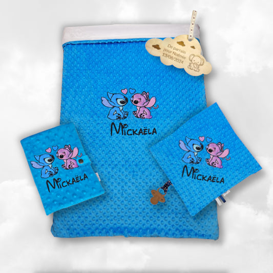 Pack Bébé Personnalisé | Couverture + Doudou 30cm + Protège carnet assortis | Fille | Minky