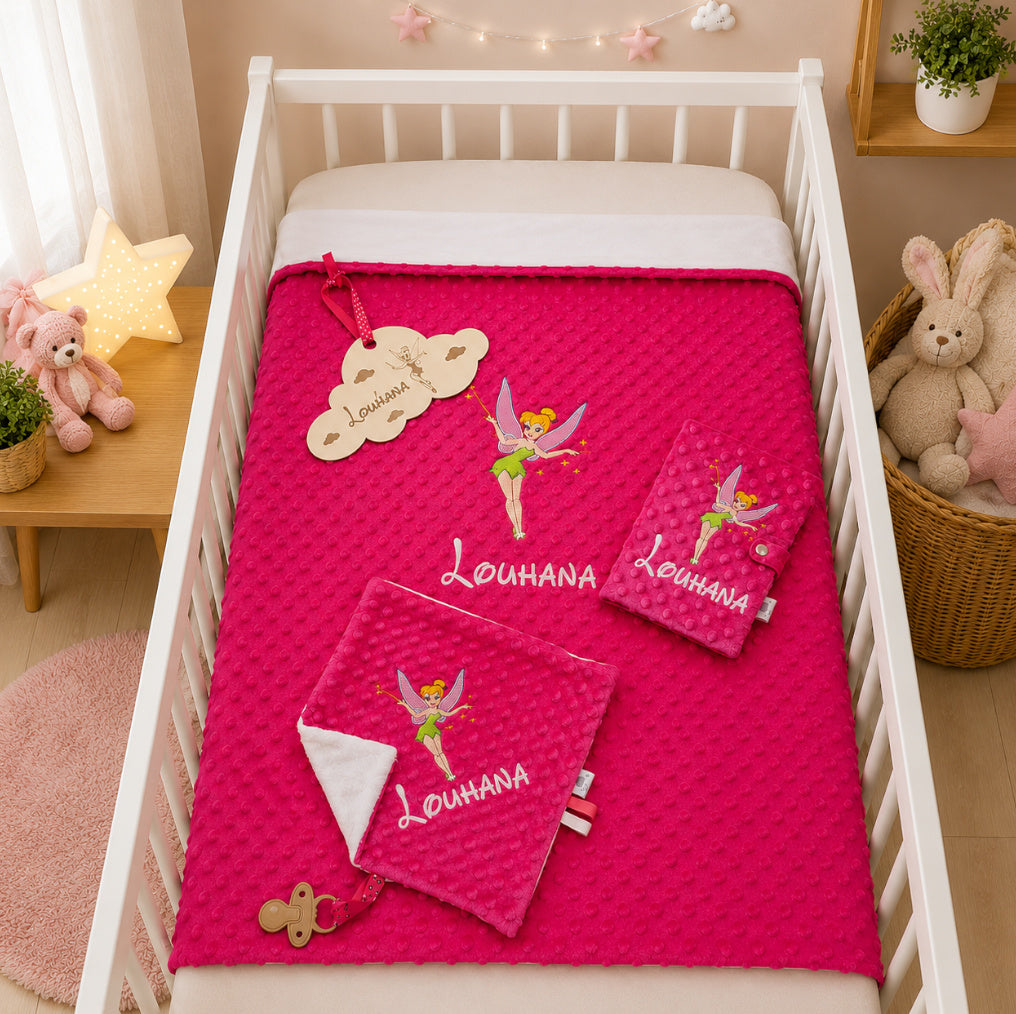 Pack Bébé Personnalisé | Couverture + Doudou 30cm + Protège carnet assortis | Fille | Minky