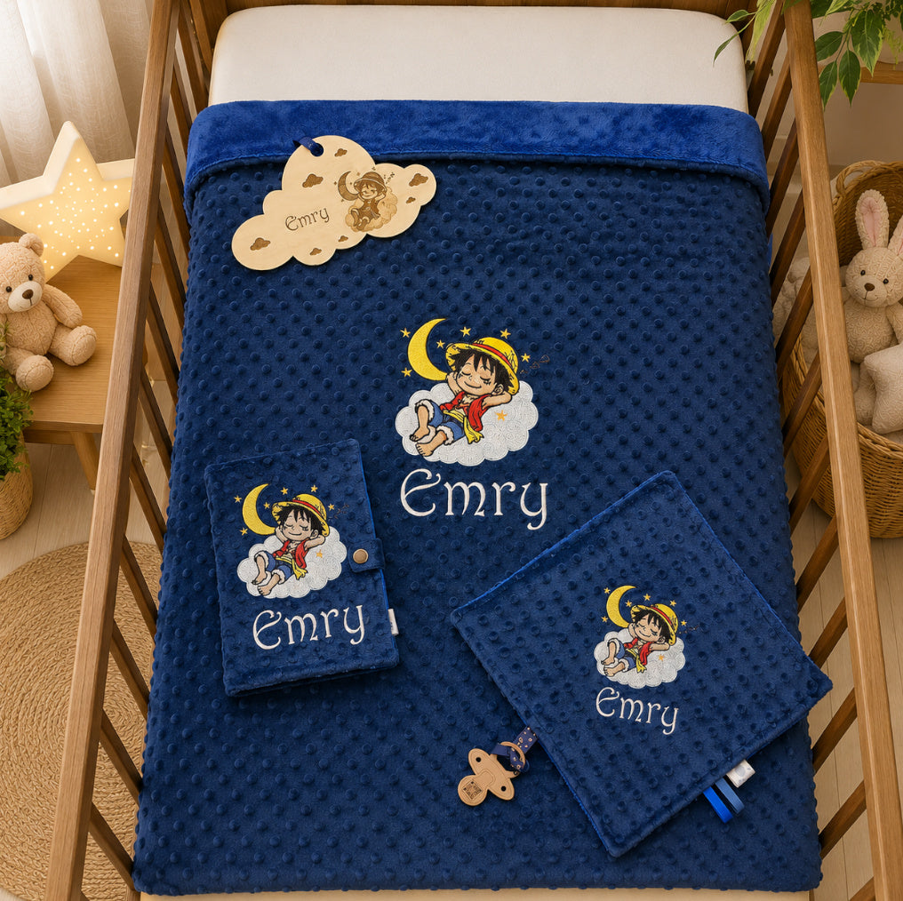 Pack Bébé Personnalisé | Couverture + Doudou 30cm + Protège carnet assortis | Garçon | Minky