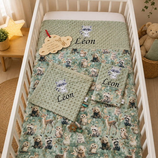 Pack Bébé Personnalisé | Couverture + Doudou 30cm + Protège carnet assortis | Garçon | Coton