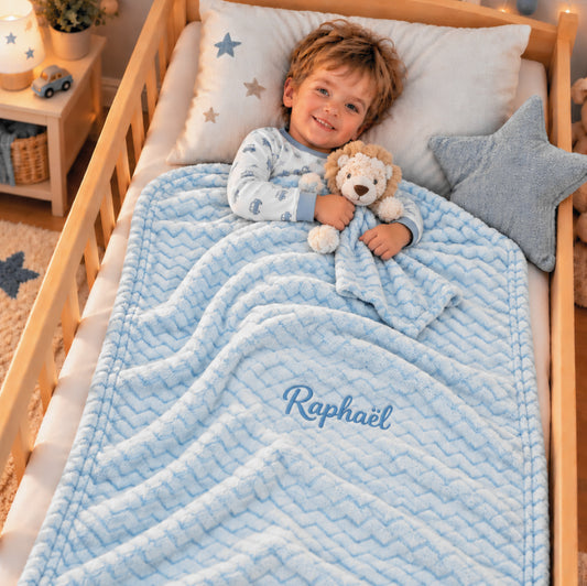 Pack Bébé Brodé | Couverture Légère Bleue 75 x 90cm avec Doudou Lion 35cm