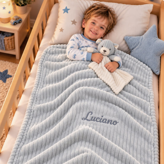 Pack Bébé Brodé | Couverture Légère Grise 75 x 90cm avec Doudou Ourson 35cm