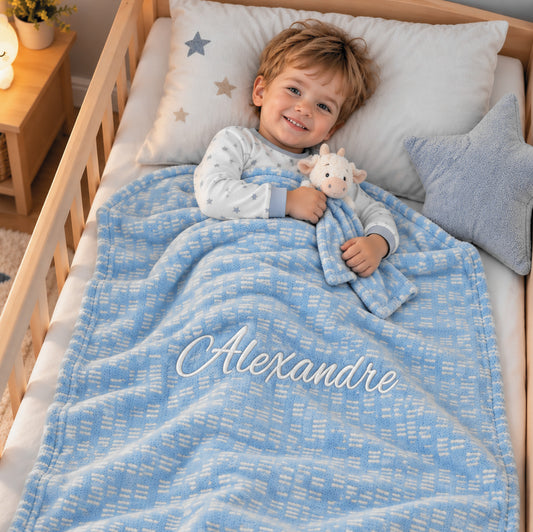 Pack Bébé Brodé | Couverture Légère Bleue 75 x 90cm avec Doudou Vache 35cm