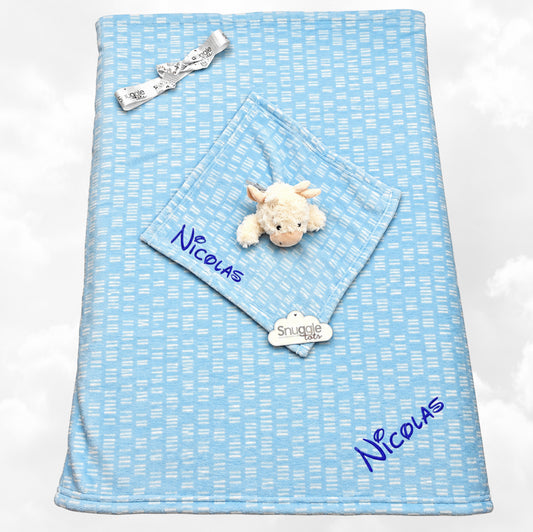 Pack Bébé Brodé | Couverture Légère Bleue 75 x 90cm avec Doudou Vache 35cm
