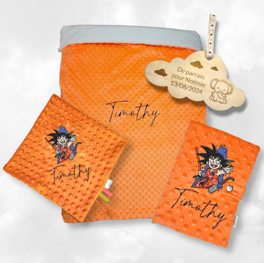 Pack Bébé Personnalisé | Couverture + Doudou 30cm + Protège carnet assortis | Garçon | Minky
