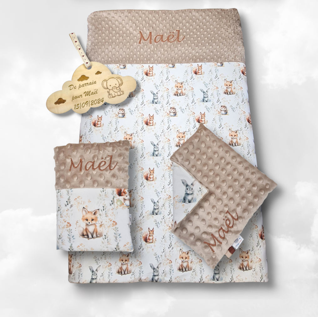 Pack Bébé Personnalisé | Couverture + Doudou 30cm + Protège carnet assortis | Garçon | Coton