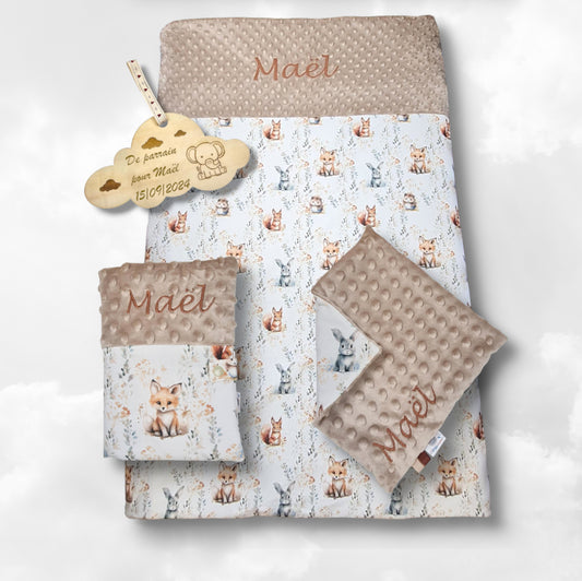 Pack Bébé Personnalisé | Couverture + Doudou 30cm + Protège carnet assortis | Garçon | Coton