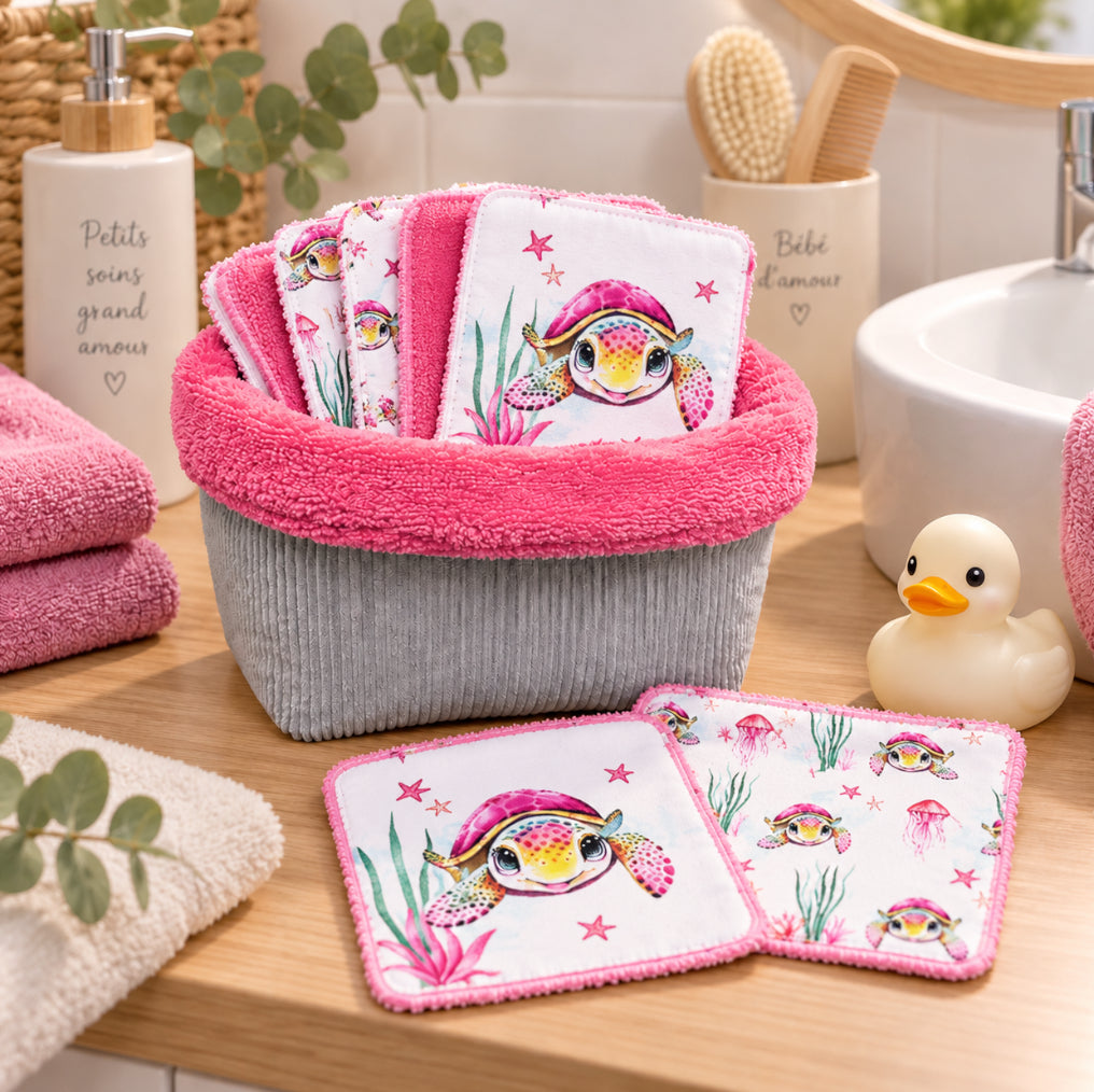 Créez Votre Panier à Lingettes Lavables Pour Bébé | Tortue de mer Rose