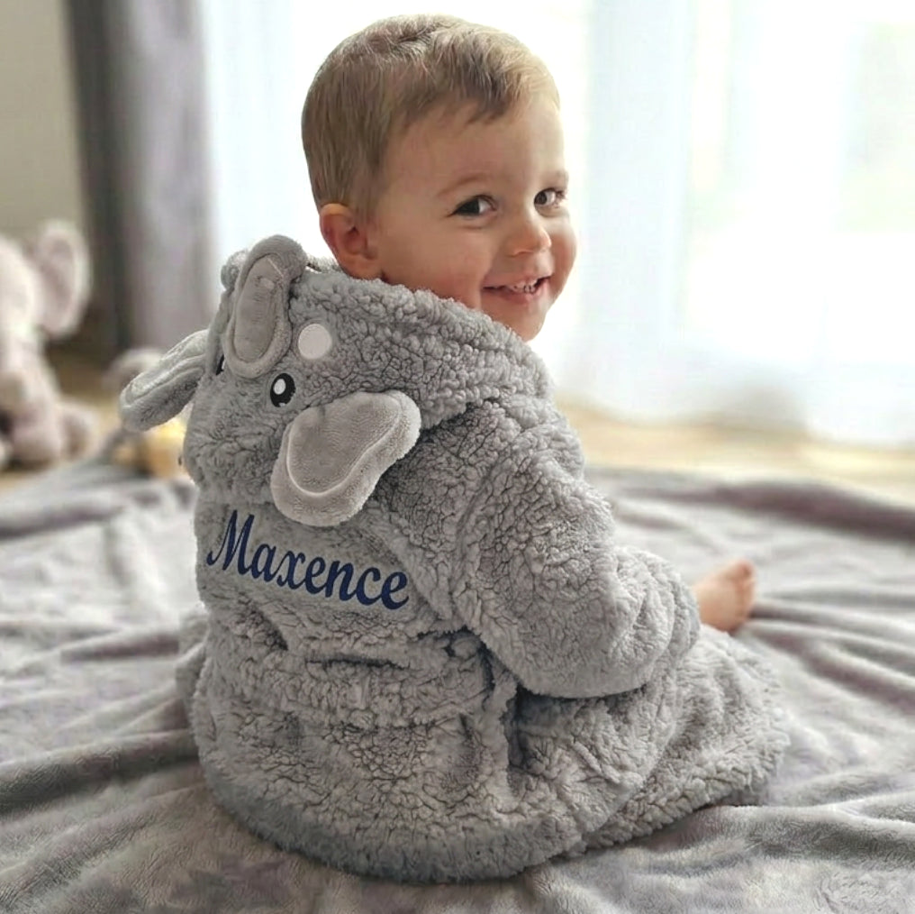 Peignoir éléphant enfant avec prénom brodé | Gris | 3 tailles