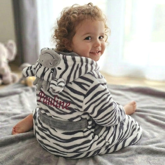 Peignoir Zèbre enfant | Gris et Blanc | Personnalisé avec prénom | 3 tailles