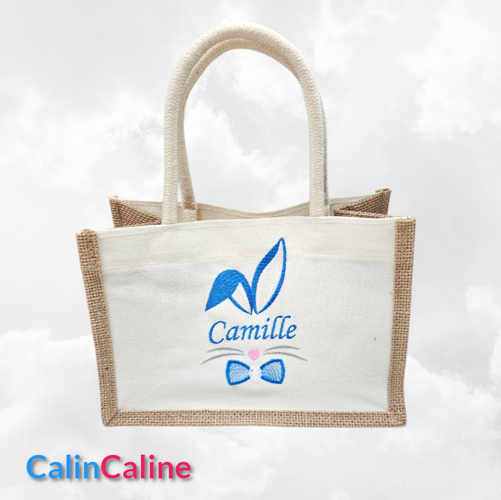 Petit Sac en Jute 23cm Personnalisé | Pâques | Lapinou Garçon