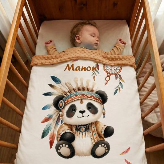Couverture Plaid Bébé | Panda Boho Indien | 70cm x 95cm | A Personnaliser