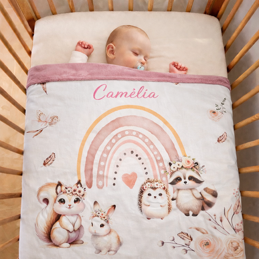 Couverture Plaid Bébé | Animaux de la forêt Boho | 70cm x 95cm | A Personnaliser