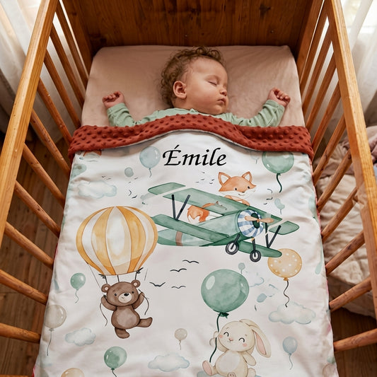 Couverture Plaid Bébé Avion Ourson | 70cm x 95cm | Couleur minky au choix