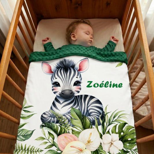 Couverture Plaid Bébé | Petit Zèbre Feuilles | 70cm x 95cm | A Personnaliser