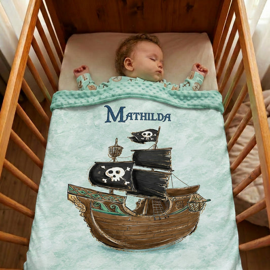 Couverture Plaid Bébé Bateau Pirate | 70cm x 95cm | Couleur minky au choix