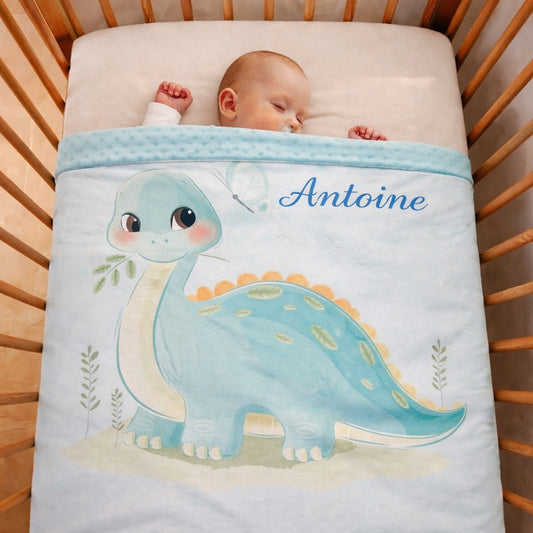 Couverture Plaid Bébé Dino Bleu | 70cm x 95cm | Couleur minky au choix
