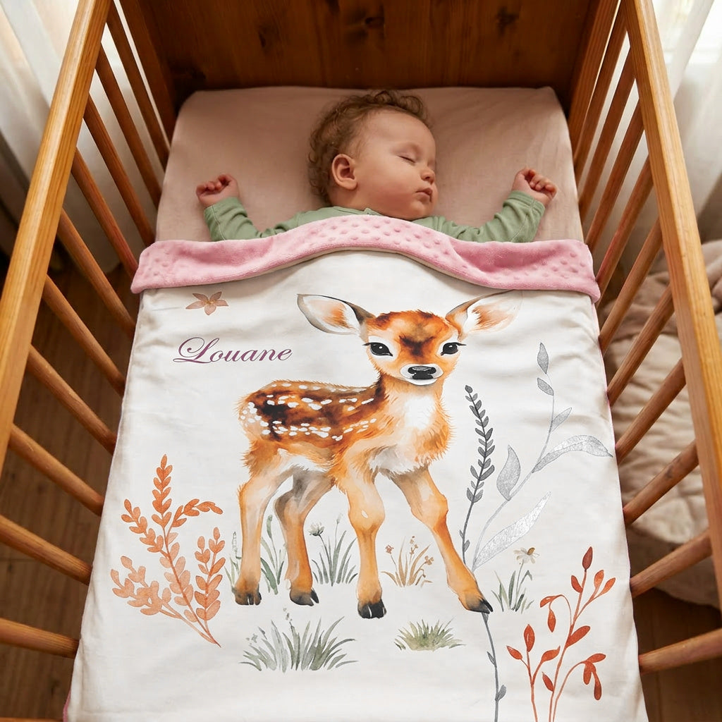 Couverture Plaid Biche Forêt Enchantée | 70cm x 95cm | Minky au choix