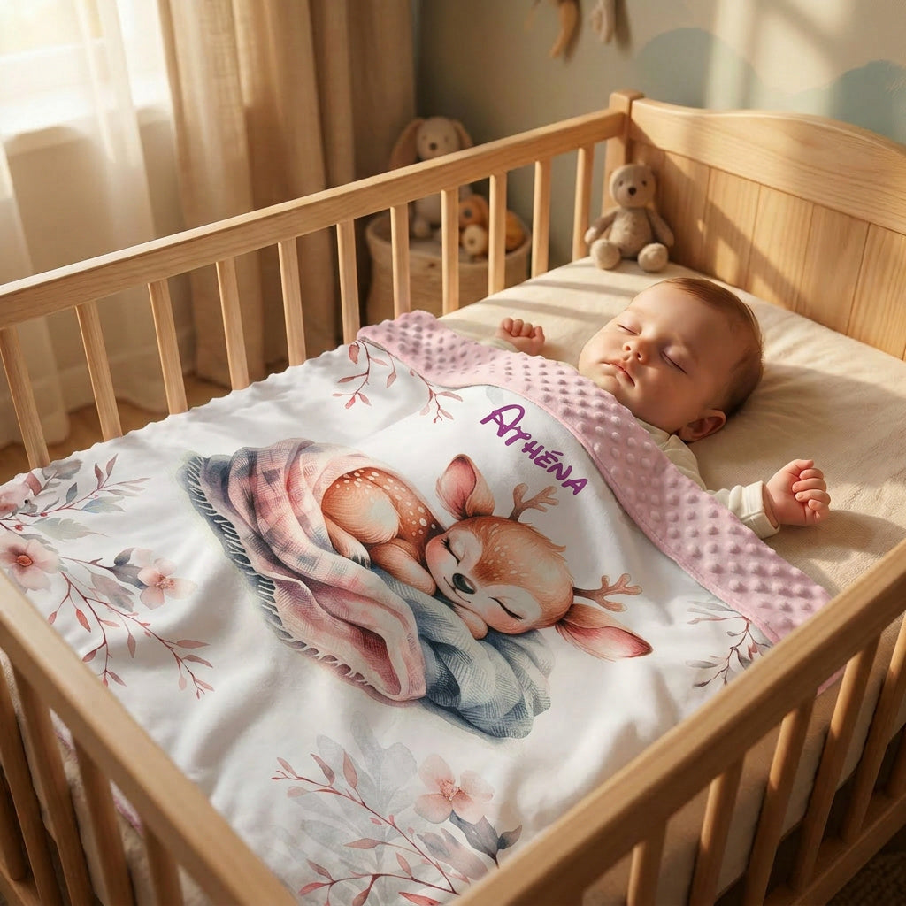 Couverture Plaid Bébé | Biche Rose Endormie | 70cm x 95cm | A Personnaliser
