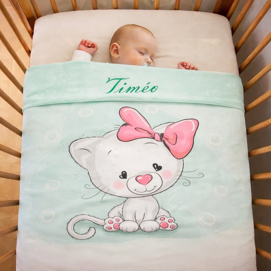 Couverture Plaid Bébé Chat Ruban | 70cm x 95cm | Minky au choix