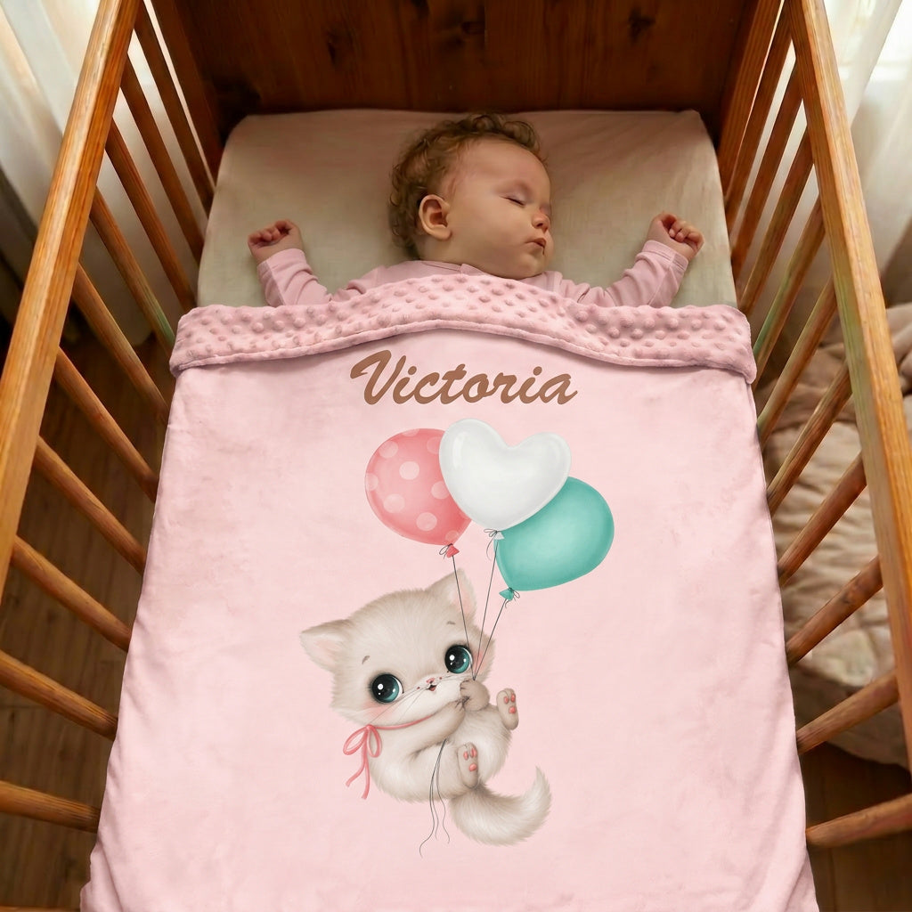 Couverture Plaid Bébé Chaton Ballon | 70cm x 95cm | Couleur minky au choix
