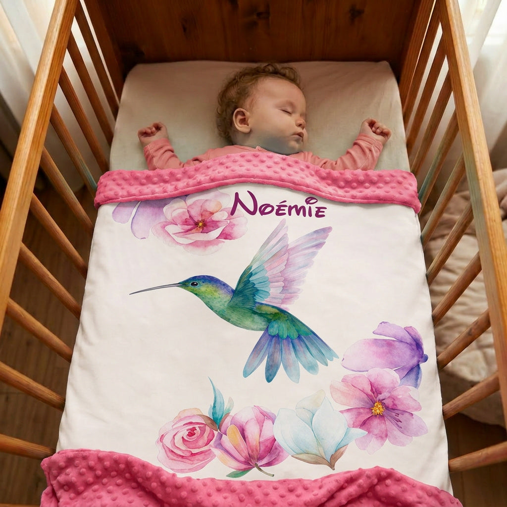 Couverture Plaid Bébé | Colibri et Fleurs | 70cm x 95cm | A Personnaliser