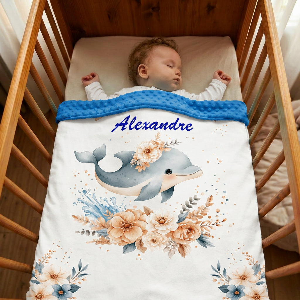 Couverture Plaid Bébé | Dauphin Boho | 70cm x 95cm | A Personnaliser