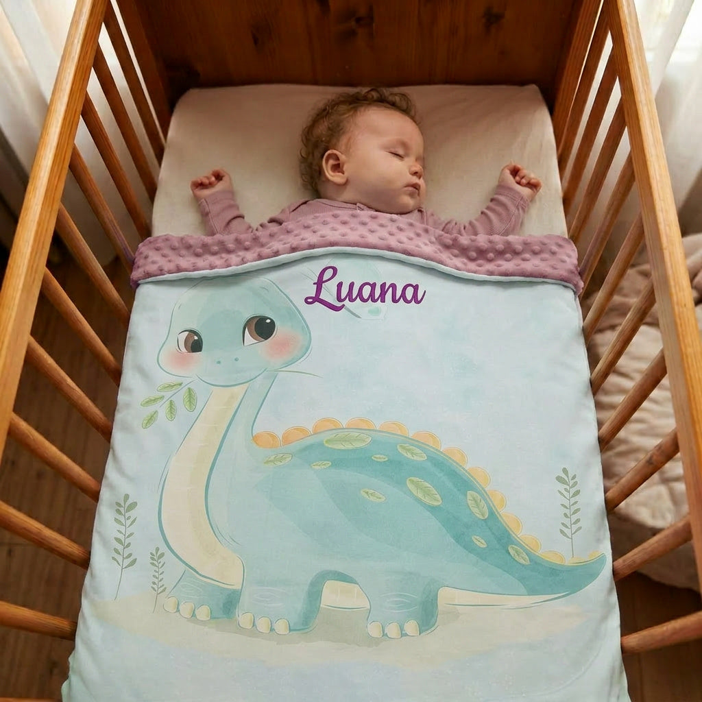 Couverture Plaid Bébé Dino Bleu | 70cm x 95cm | Couleur minky au choix