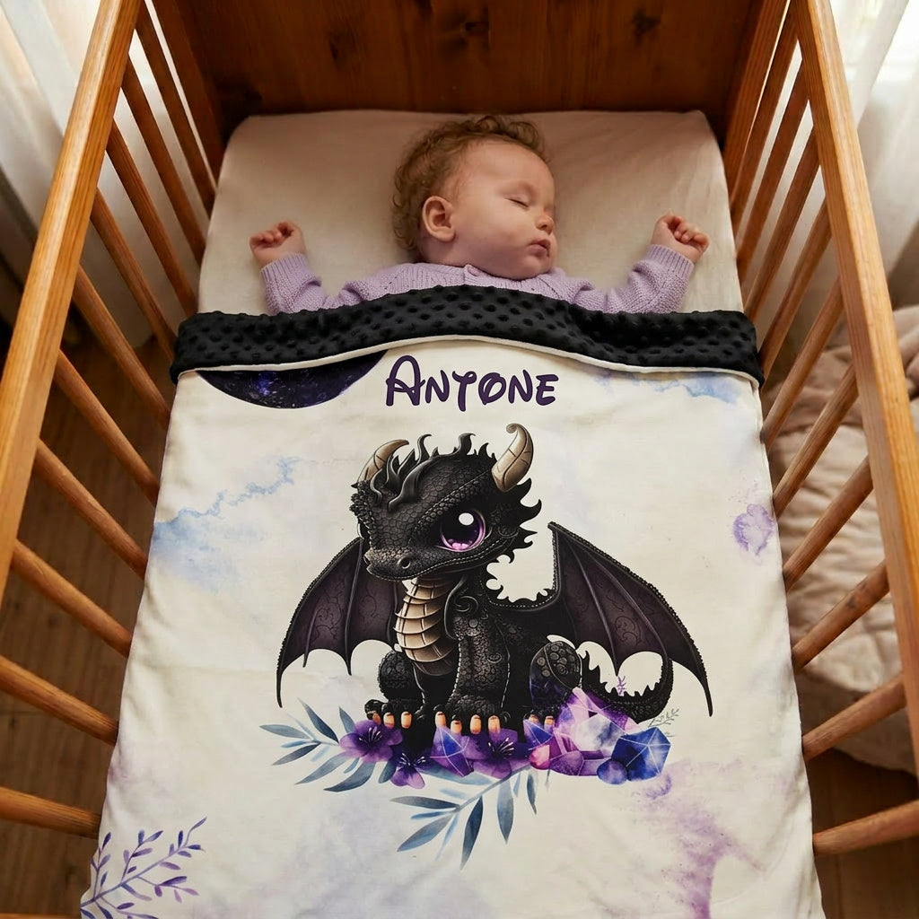 Couverture Plaid Dragon Noir | 70cm x 95cm | Couleur minky au choix