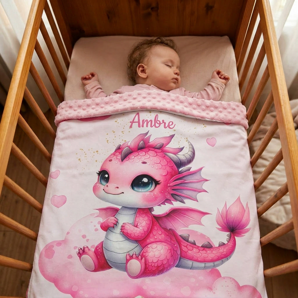 Couverture Plaid Dragon Rose | 70cm x 95cm | Couleur minky au choix