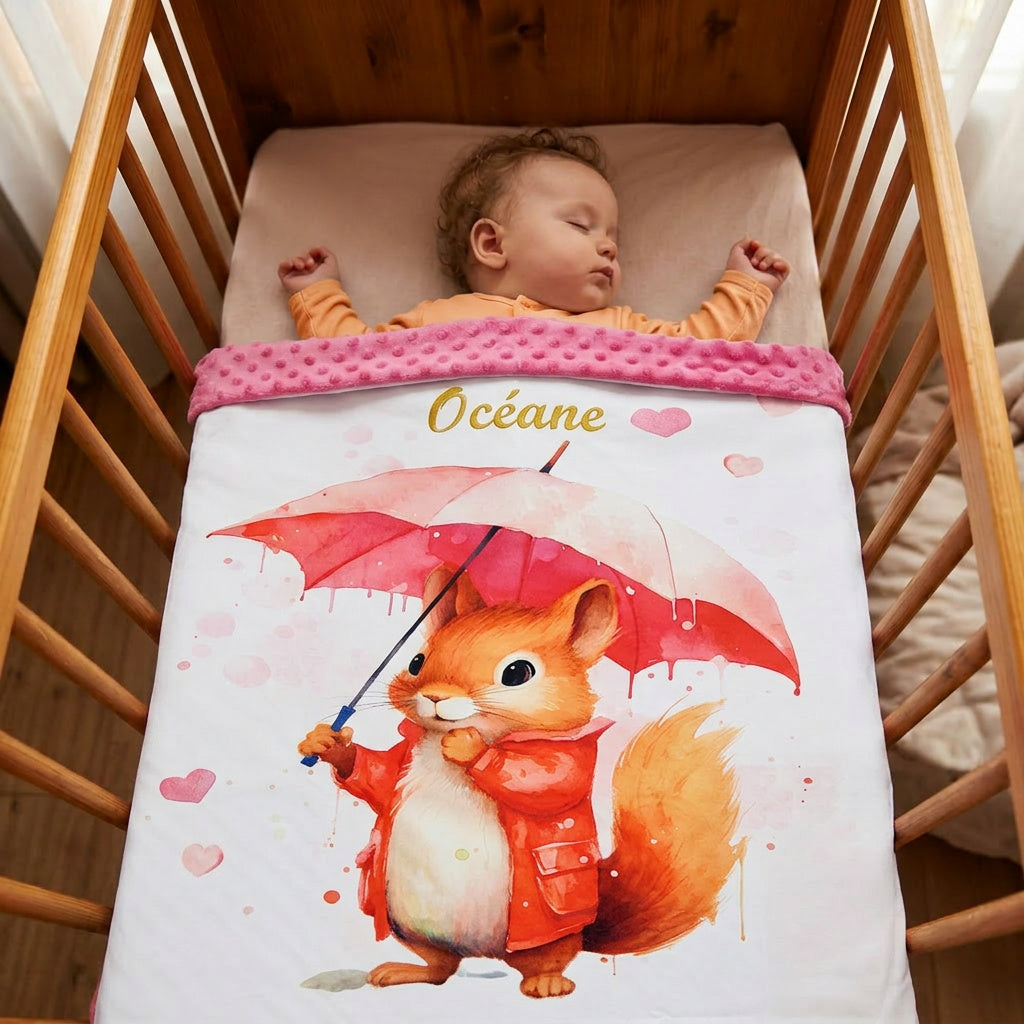 Couverture Plaid Ecureuil Parapluie | 70cm x 95cm | Couleur minky au choix