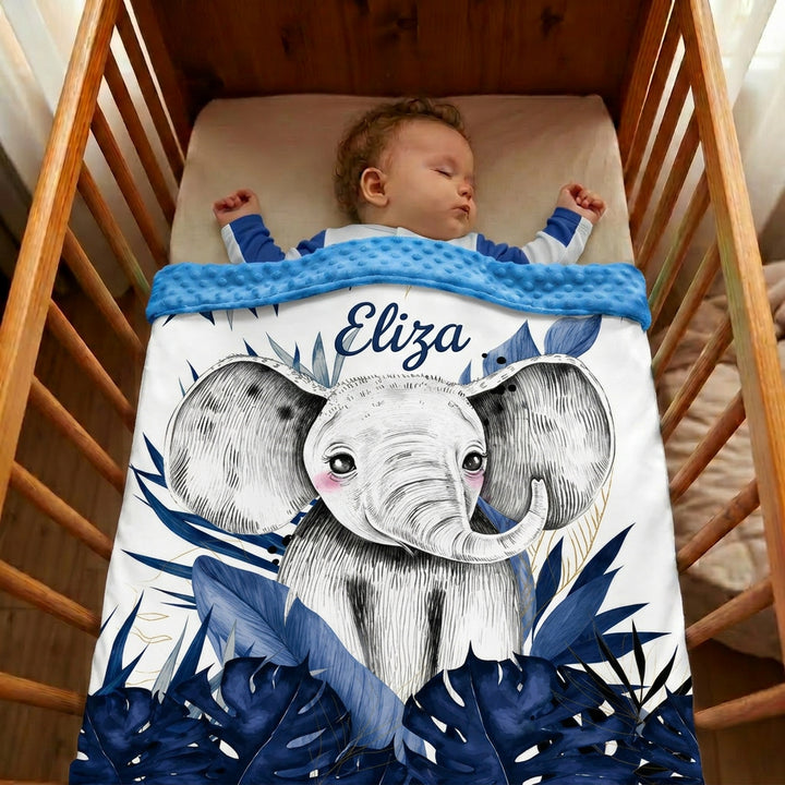 Couverture Plaid Bébé Eléphant Bleu | 70cm x 95cm | Couleur minky au choix