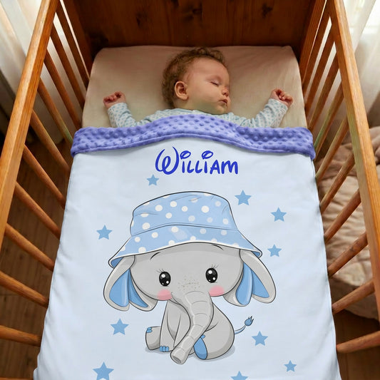 Couverture Plaid Bébé Eléphant Bob Bleu | 70cm x 95cm | Minky au choix