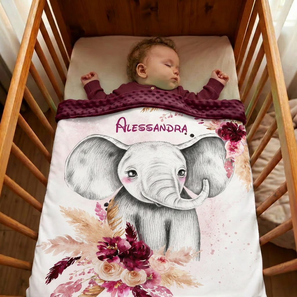 Couverture Plaid Bébé | Elephant Boho Prune | 70cm x 95cm | A Personnaliser