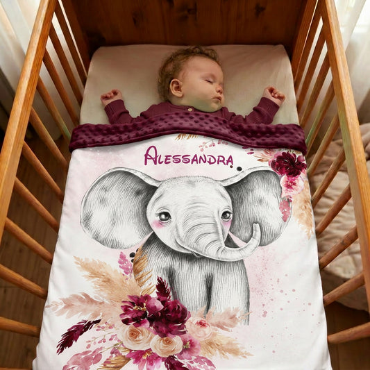 Couverture Plaid Bébé | Elephant Boho Prune | 70cm x 95cm | A Personnaliser