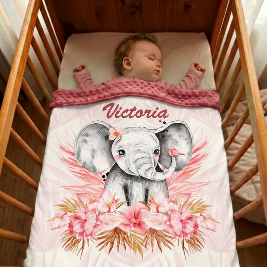Couverture Plaid Bébé Eléphant Rose | 70cm x 95cm | Couleur minky au choix