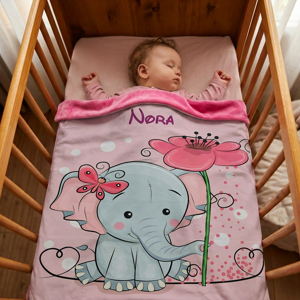 Couverture Plaid Bébé Eléphant Rose Mignon | 70cm x 95cm | Couleur minky au choix