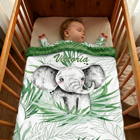 Couverture Plaid Bébé Eléphant Vert | 70cm x 95cm | Couleur minky au choix