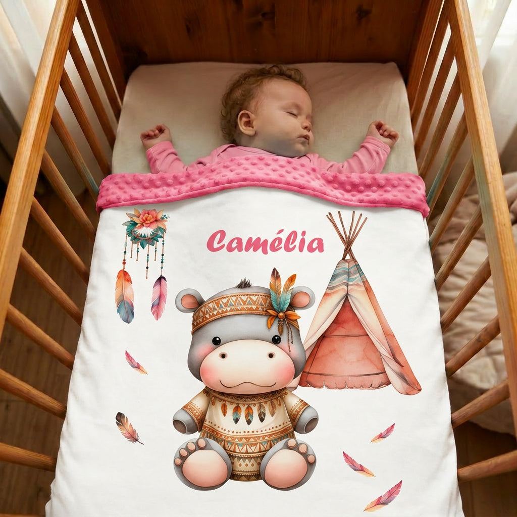 Couverture Plaid Bébé | Hippopotame Boho | 70cm x 95cm | A Personnaliser