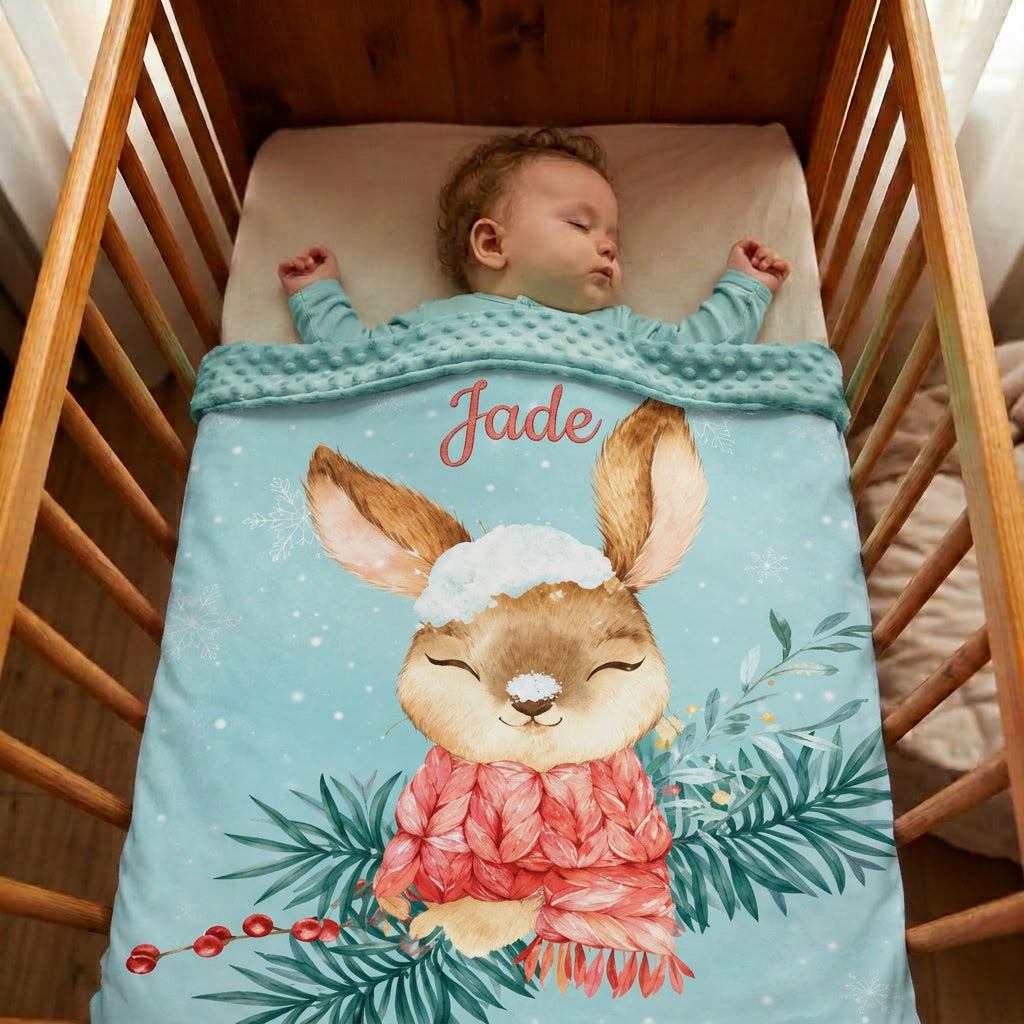 Couverture Plaid Bébé Lapin des Neiges | 70cm x 95cm | Couleur minky au choix