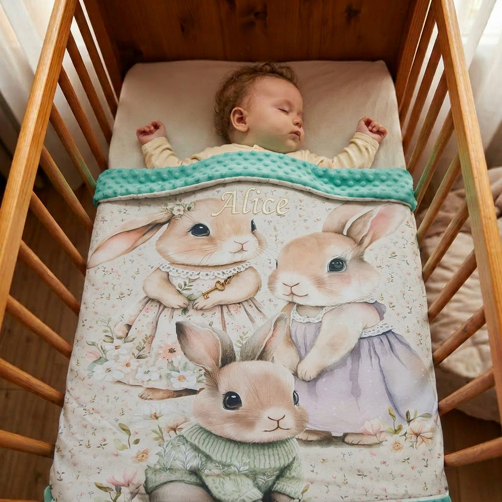 Couverture Plaid Famille Lapin | 70cm x 95cm | Couleur minky au choix