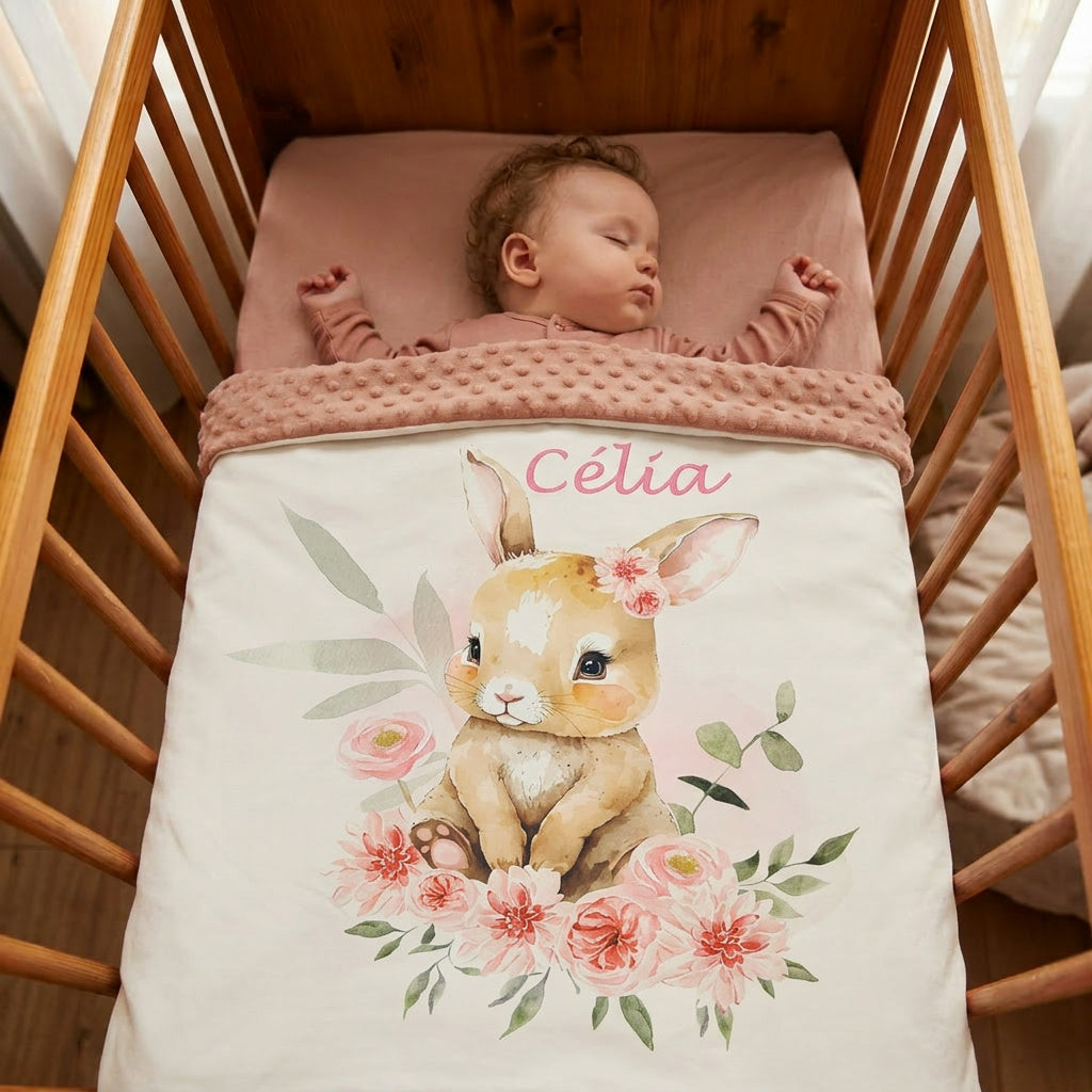 Couverture Plaid Bébé Lapin Fleuri | 70cm x 95cm | Couleur minky au choix