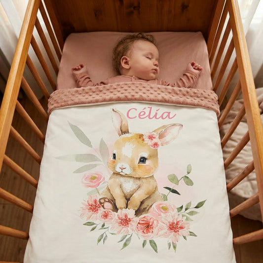 Couverture Plaid Bébé Lapin Fleuri | 70cm x 95cm | Couleur minky au choix