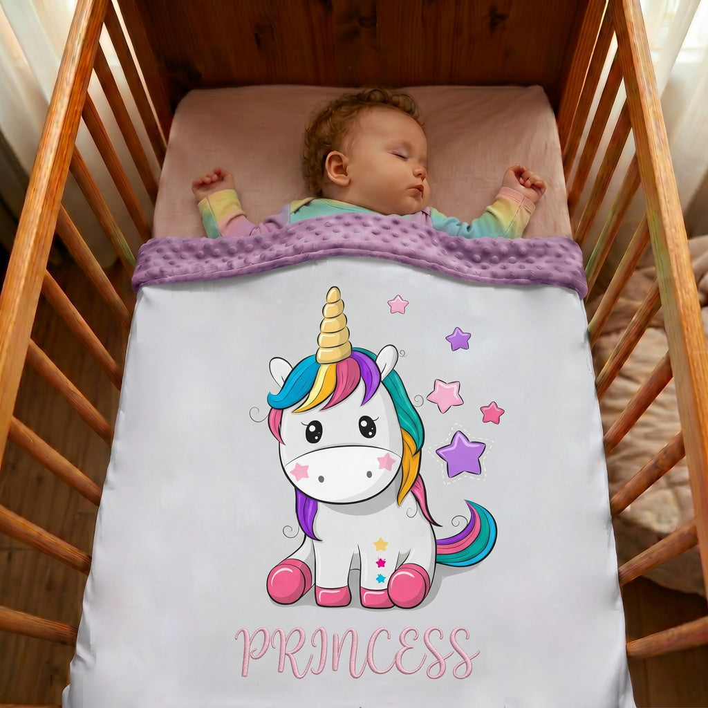Couverture Plaid Bébé Licorne | 70cm x 95cm | Couleur minky au choix