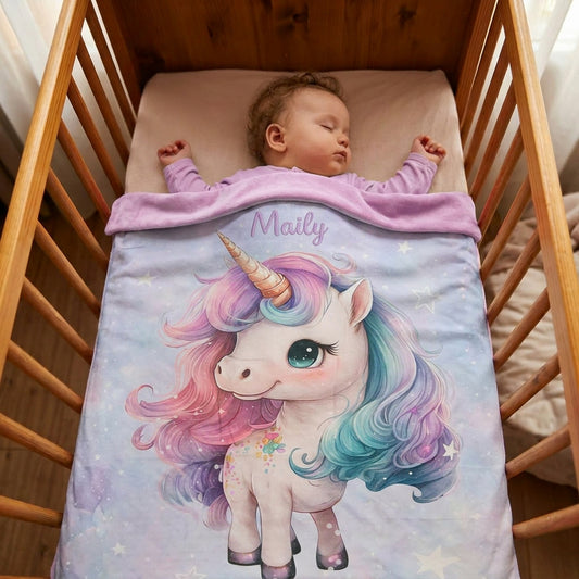 Couverture Plaid Bébé Licorne Rose Violet | 70cm x 95cm | Minky au choix